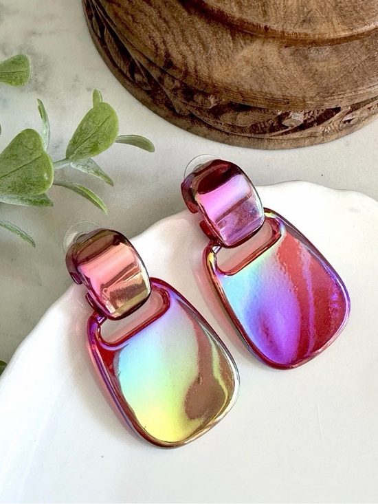 Jewelry - Magenta Iridescent Colorful Rainbow Earrings Acrylic Square Dangle Jewelry